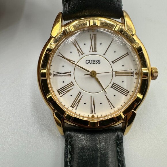 Vintage Guess Watch Women Gold Tone Dark Green Leather Band New Battery 9" - Picture 2 of 13